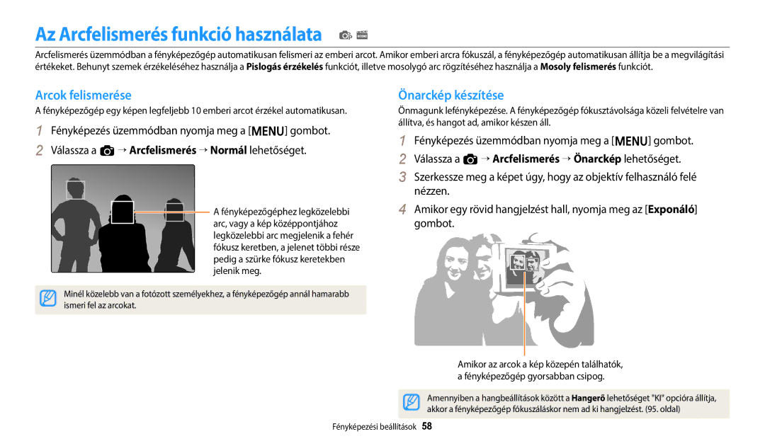 Samsung EC-ES95ZZBPPE3, EC-ES95ZZBPRE3 manual Az Arcfelismerés funkció használata p s, Arcok felismerése, Önarckép készítése 