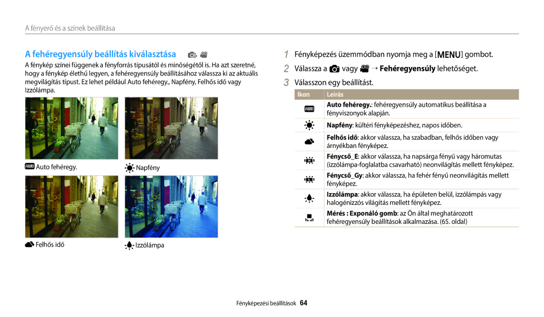 Samsung EC-ES95ZZBPWE3, EC-ES95ZZBPRE3, EC-ES95ZZBPBE3, EC-ES95ZZBPPE3 manual Fehéregyensúly beállítás kiválasztása p 