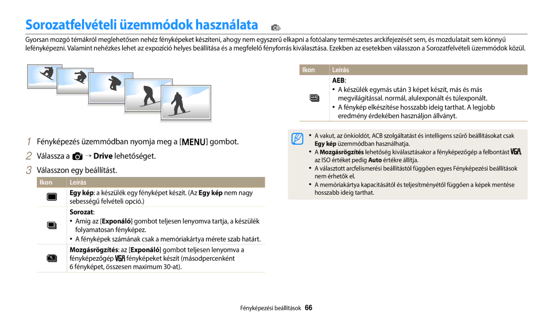 Samsung EC-ES95ZZBPPE3, EC-ES95ZZBPRE3, EC-ES95ZZBPWE3 Sorozatfelvételi üzemmódok használata p, Sebességű felvételi opció 