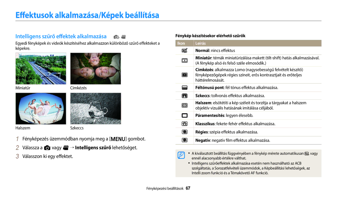 Samsung EC-ES95ZZBPRE3, EC-ES95ZZBPWE3 Effektusok alkalmazása/Képek beállítása, Intelligens szűrő effektek alkalmazása p 