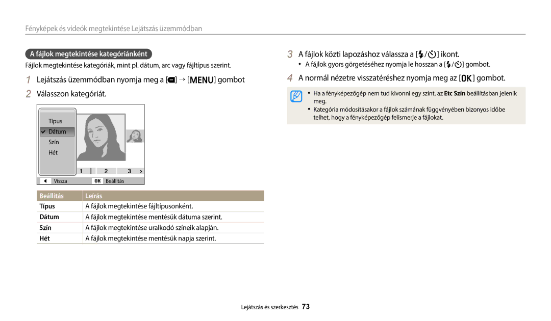 Samsung EC-ES95ZZBPBE3 manual Fájlok közti lapozáshoz válassza a / ikont, Lejátszás üzemmódban nyomja meg a “ m gombot 