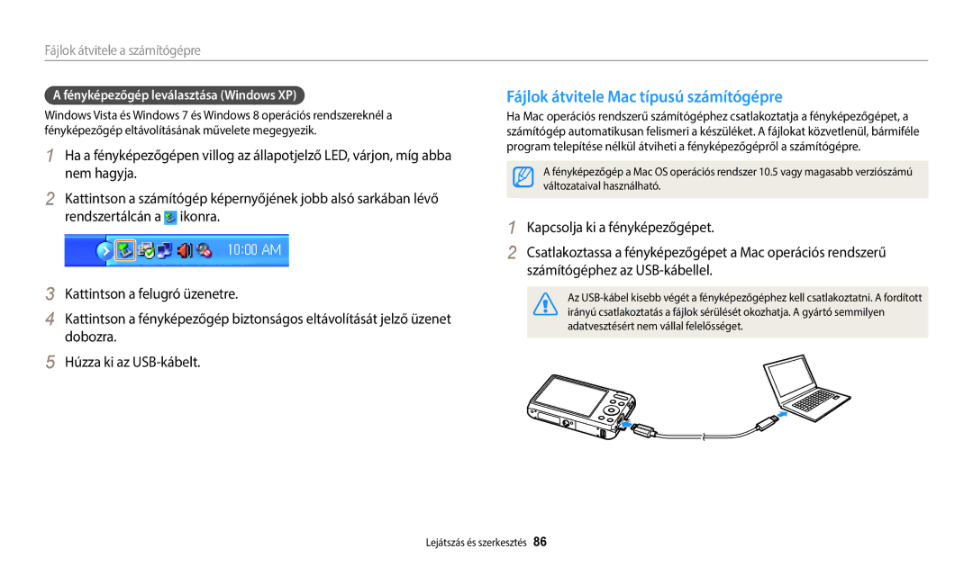 Samsung EC-ES95ZZBPPE3, EC-ES95ZZBPRE3 manual Fájlok átvitele Mac típusú számítógépre, Fényképezőgép leválasztása Windows XP 