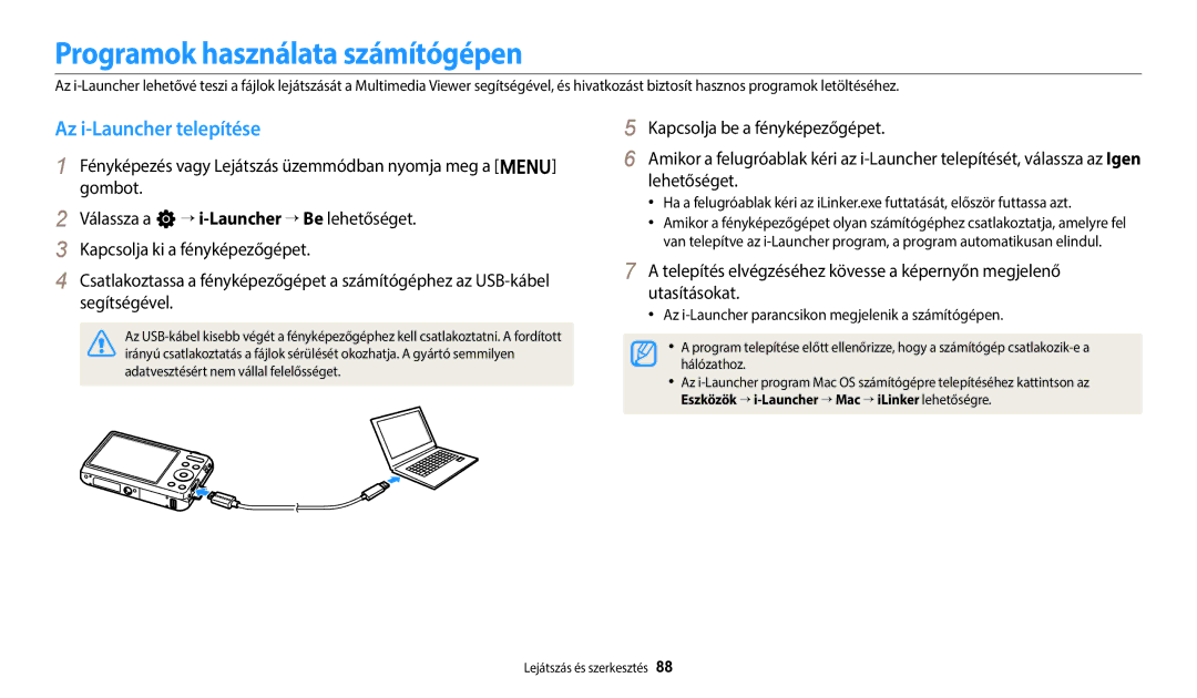 Samsung EC-ES95ZZBPWE3, EC-ES95ZZBPRE3, EC-ES95ZZBPBE3 manual Programok használata számítógépen, Az i-Launcher telepítése 