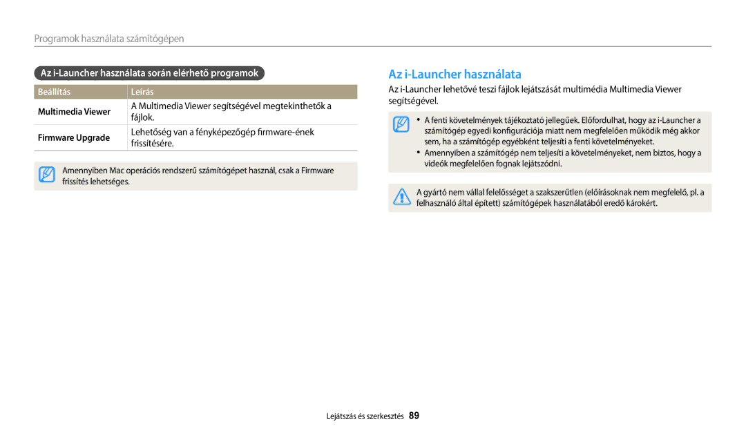 Samsung EC-ES95ZZBPBE3 manual Az i-Launcher használata során elérhető programok, Multimedia Viewer, Firmware Upgrade 