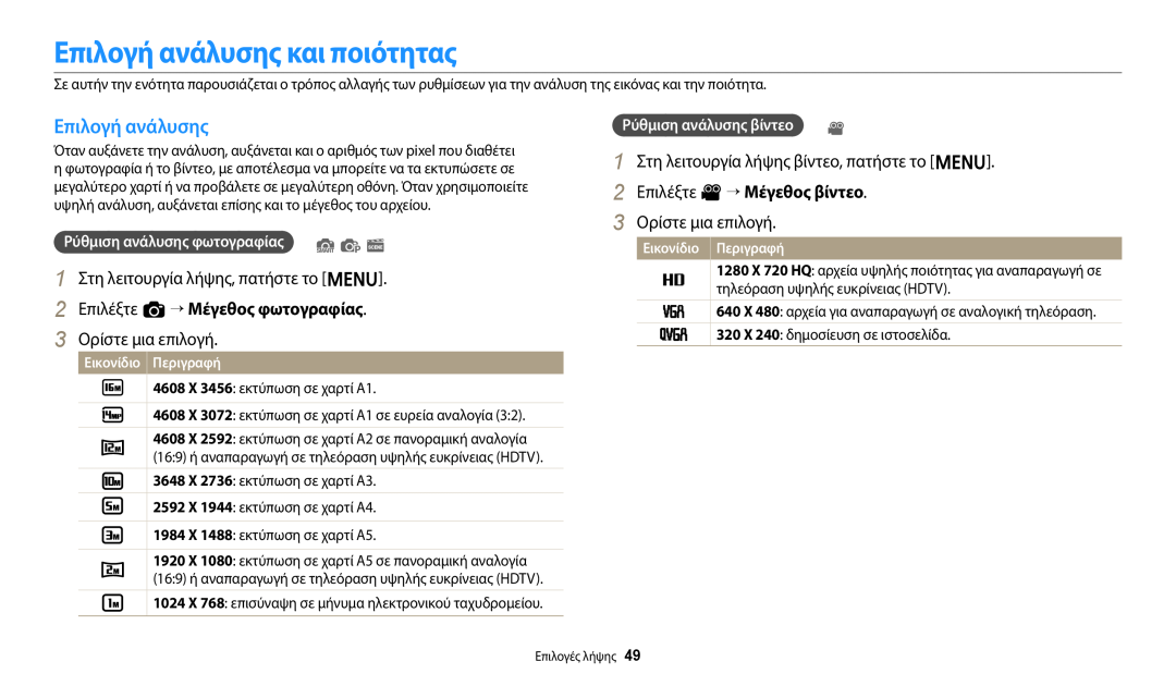 Samsung EC-ES95ZZBPBE3 manual Επιλογή ανάλυσης και ποιότητας, 1 Στη λειτουργία λήψης, πατήστε το m, 3 Ορίστε μια επιλογή 