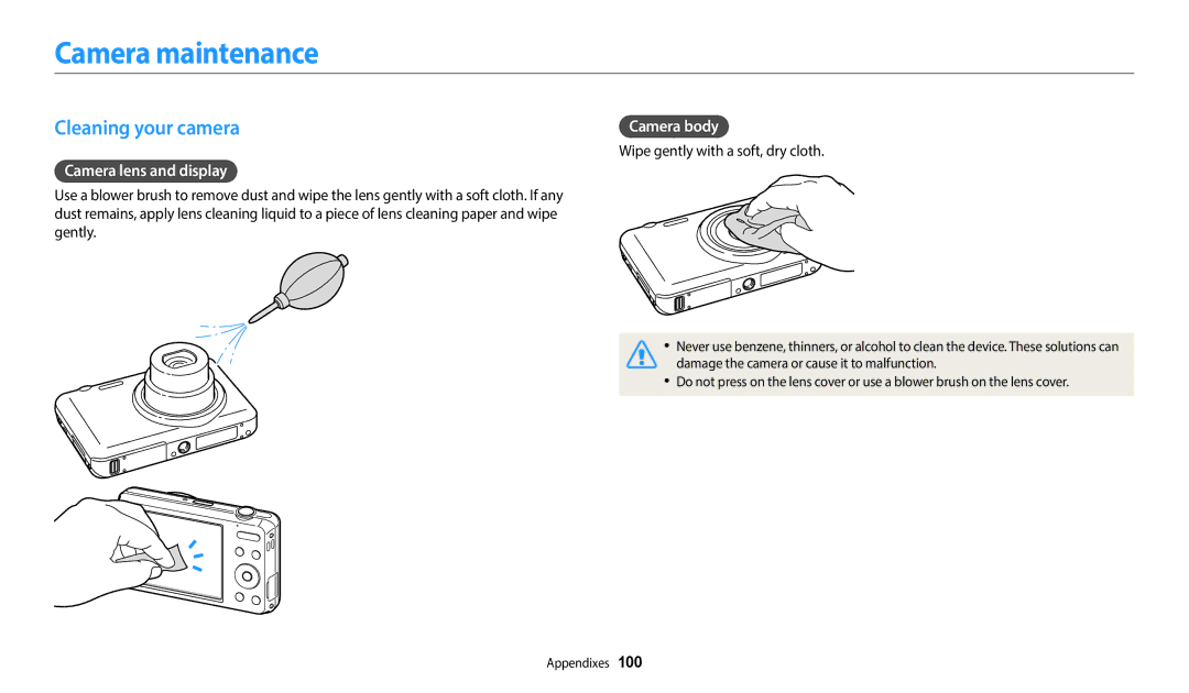 Samsung EC-ES95ZZBPWIL, EC-ES95ZZBPRE3 manual Camera maintenance, Cleaning your camera, Camera lens and display, Camera body 