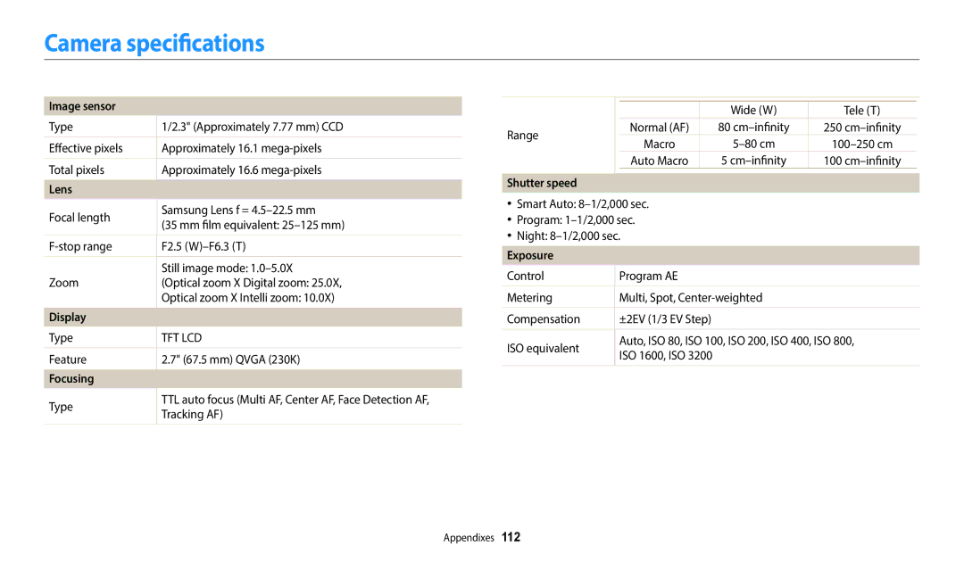 Samsung EC-ES95ZZBDPVN, EC-ES95ZZBPRE3 manual Camera specifications, Image sensor, Focusing, Shutter speed, Exposure 