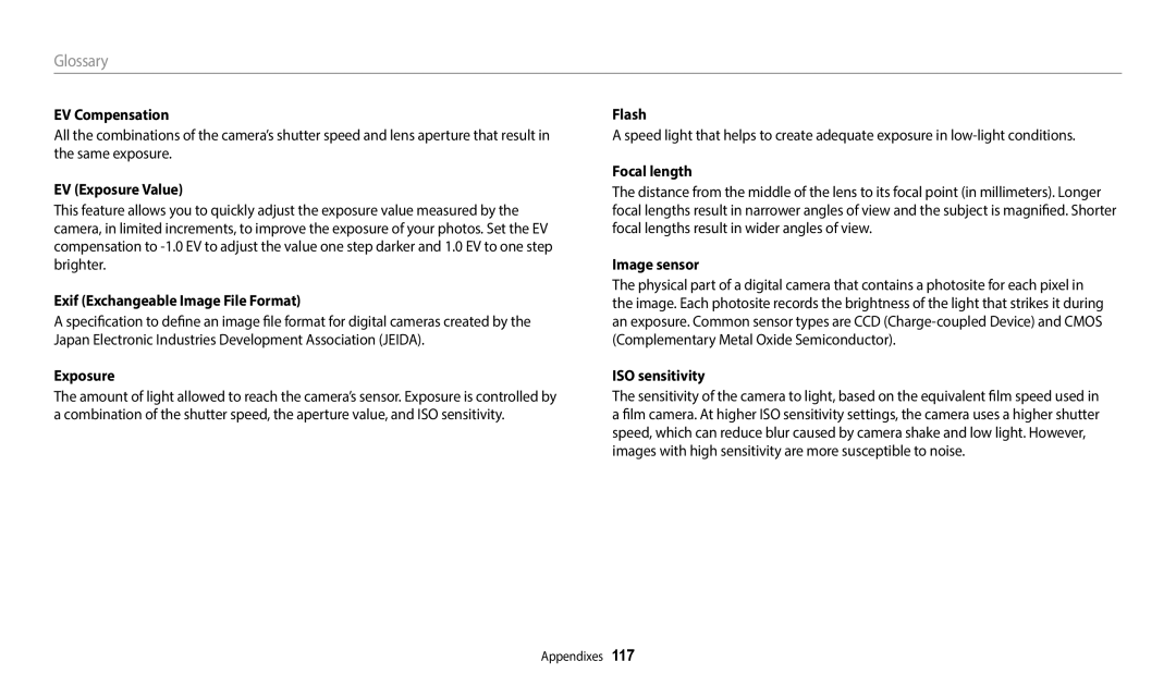 Samsung EC-ES95ZZBPPRU manual EV Compensation, EV Exposure Value, Exif Exchangeable Image File Format, Focal length 