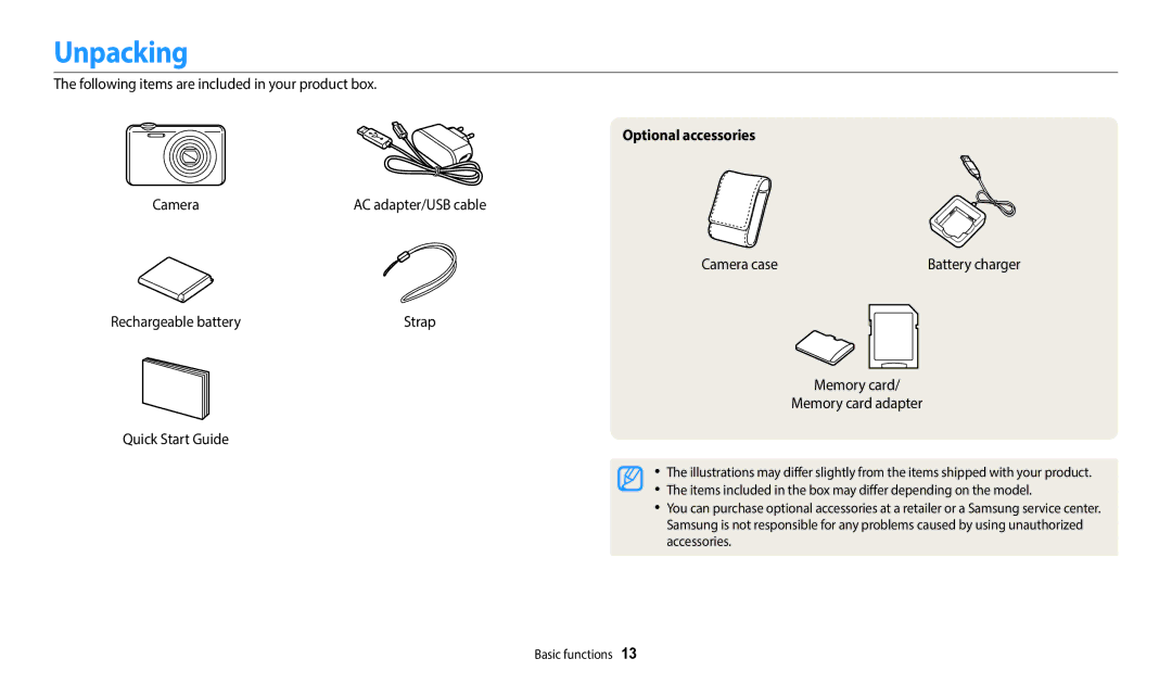 Samsung EC-ES95ZZBPPRU, EC-ES95ZZBPRE3, EC-ES95ZZBPWE3, EC-ES99ZZBCWMK, EC-ES95ZZBDBSA manual Unpacking, Optional accessories 