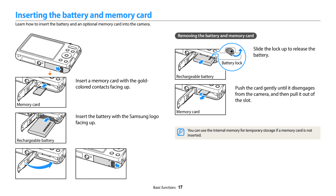 Samsung EC-ES95ZZBPWKZ, EC-ES95ZZBPRE3 Inserting the battery and memory card, Slide the lock up to release the battery 