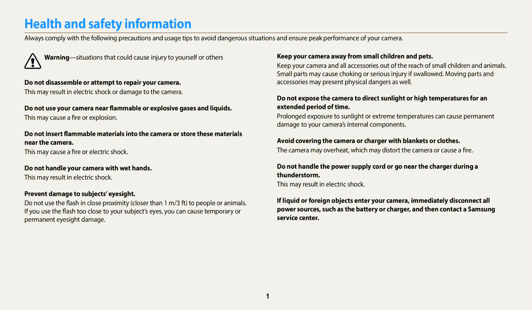 Samsung EC-ES99ZZBCWMK, EC-ES95ZZBPRE3 Health and safety information, Do not disassemble or attempt to repair your camera 