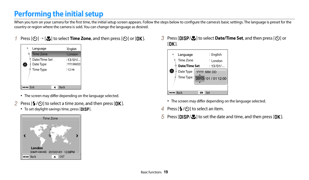 Samsung EC-ES95ZZBPBIL manual Performing the initial setup, Press t “ c to select Time Zone, and then press t or o 