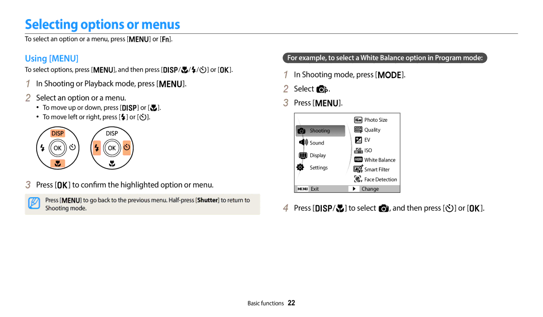 Samsung EC-ES95ZZBPWIL manual Selecting options or menus, Using Menu, Press o to confirm the highlighted option or menu 