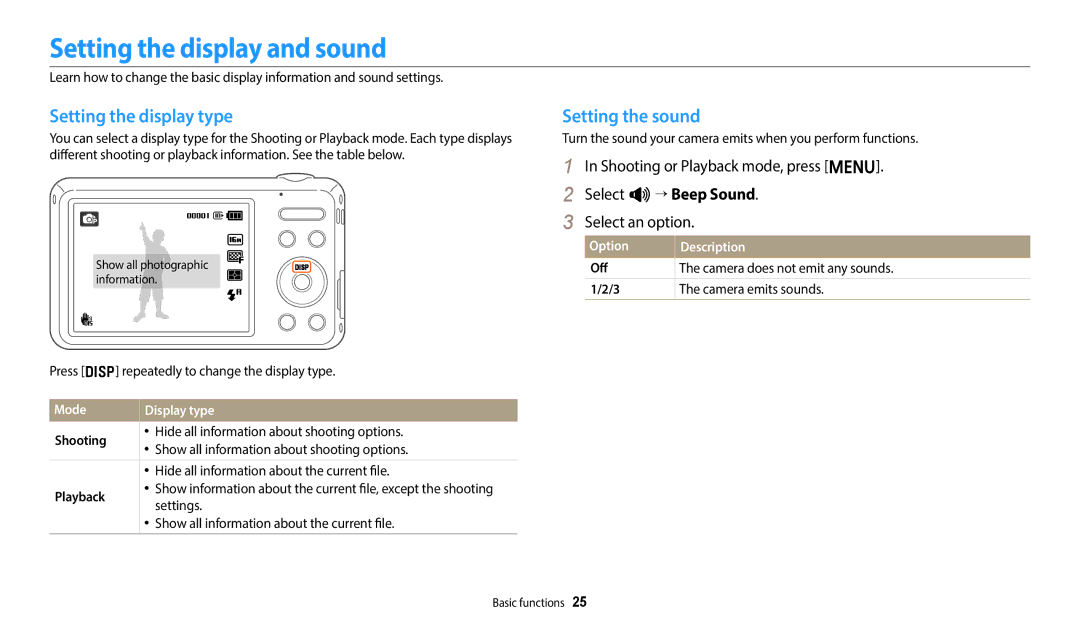 Samsung EC-ES95ZZBPRE3 manual Setting the display and sound, Setting the display type, Setting the sound, Mode Display type 