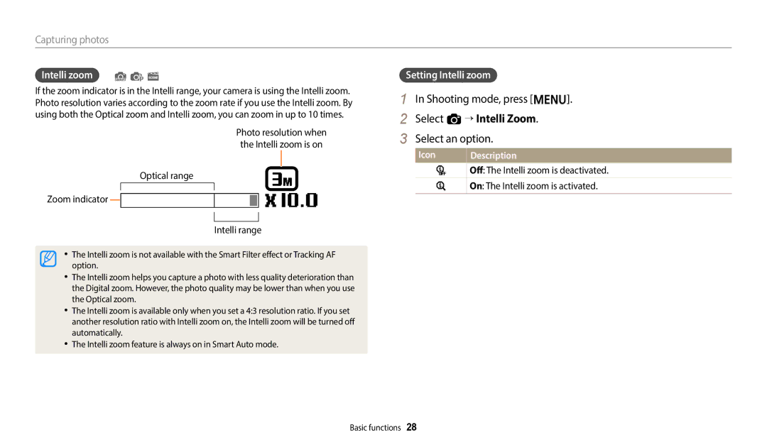 Samsung EC-ES95ZZBDBSA manual Shooting mode, press m, Select a “ Intelli Zoom, Intelli zoom S p s, Setting Intelli zoom 