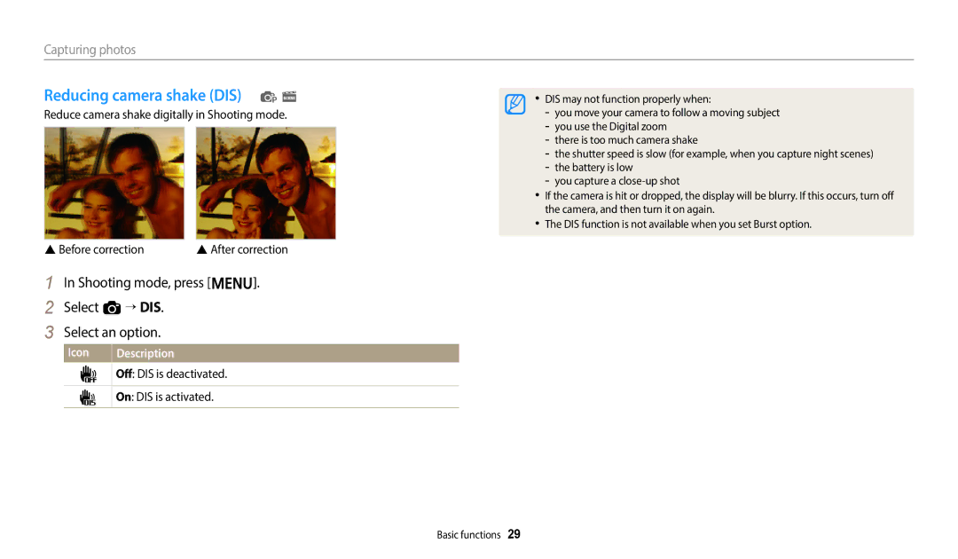 Samsung EC-ES95ZZBDWSA manual Reducing camera shake DIS p s, Shooting mode, press m Select a “ DIS Select an option 