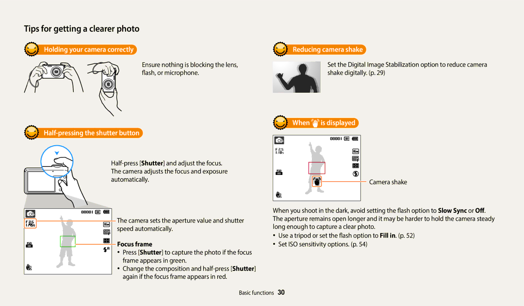 Samsung EC-ES95ZZBDRSA Holding your camera correctly, Half-pressing the shutter button, Reducing camera shake, Focus frame 