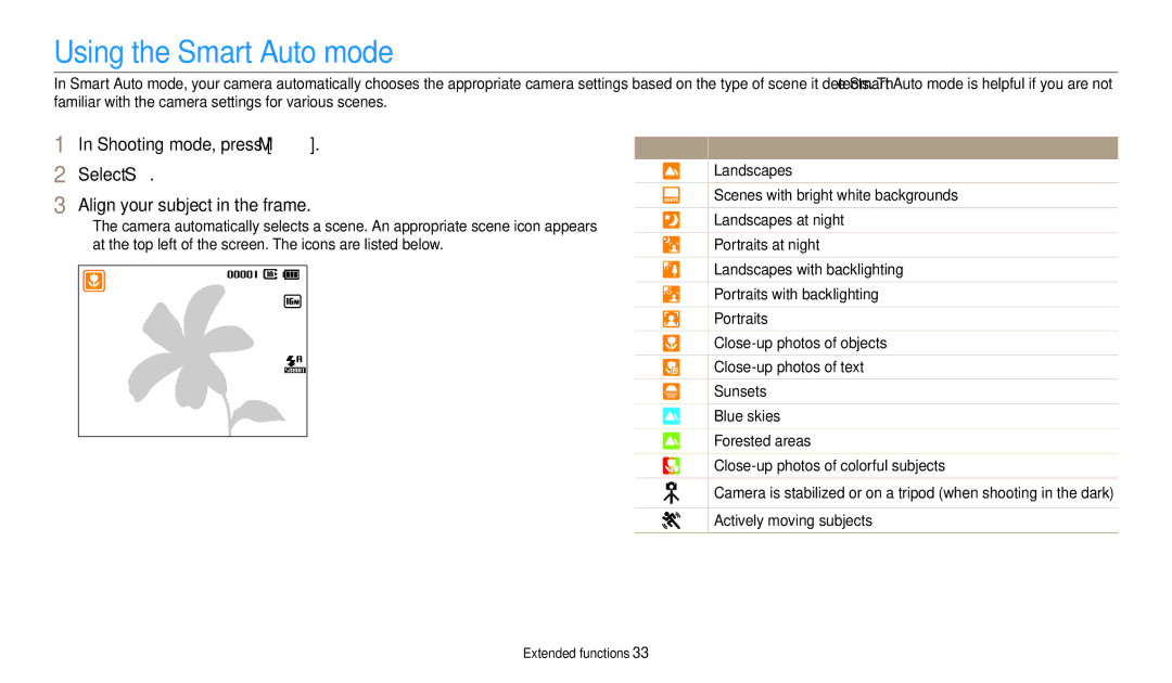 Samsung EC-ES95ZZBDBVN manual Using the Smart Auto mode, Scenes with bright white backgrounds, Landscapes at night 