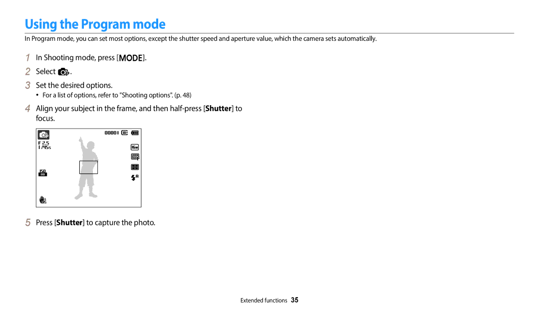 Samsung EC-ES95ZZBDWVN, EC-ES95ZZBPRE3 Using the Program mode, Shooting mode, press M Select p Set the desired options 