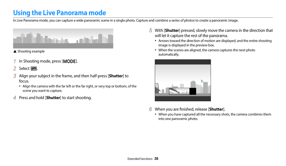 Samsung EC-ES95ZZBPBE3, EC-ES95ZZBPRE3, EC-ES95ZZBPWE3 Using the Live Panorama mode, Image is displayed in the preview box 