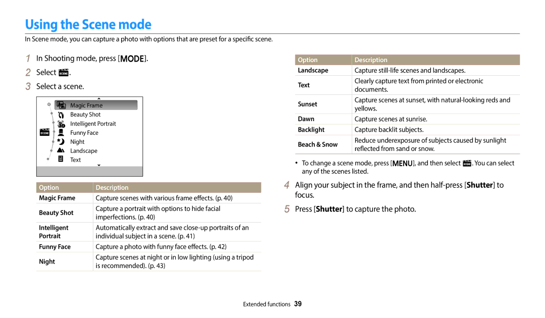 Samsung EC-ES95ZZBPPRU manual Using the Scene mode, Shooting mode, press M Select s Select a scene, Option Description 