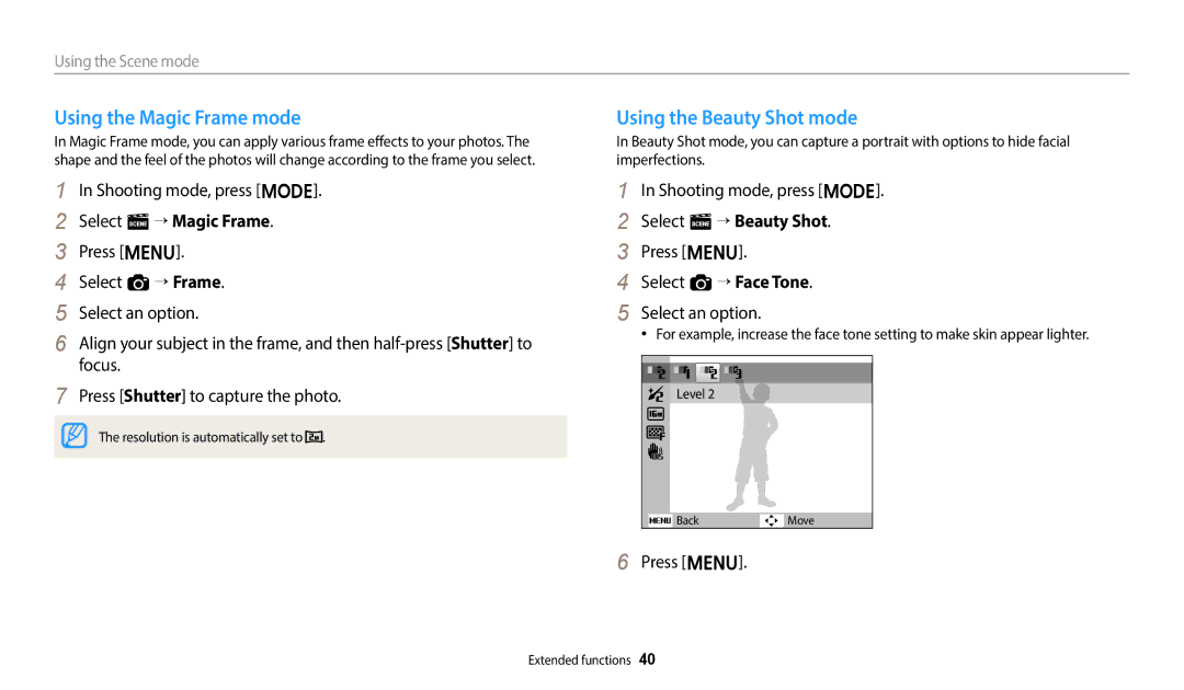 Samsung EC-ES95ZZBPRKZ, EC-ES95ZZBPRE3 manual Using the Magic Frame mode, Using the Beauty Shot mode, Select s “ Magic Frame 