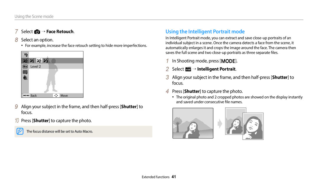 Samsung EC-ES95ZZBPRRU manual Using the Intelligent Portrait mode, Select a “ Face Retouch, Select s “ Intelligent Portrait 