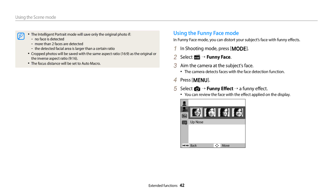Samsung EC-ES95ZZBPWRU, EC-ES95ZZBPRE3 manual Using the Funny Face mode, Press m Select a “ Funny Effect “ a funny effect 