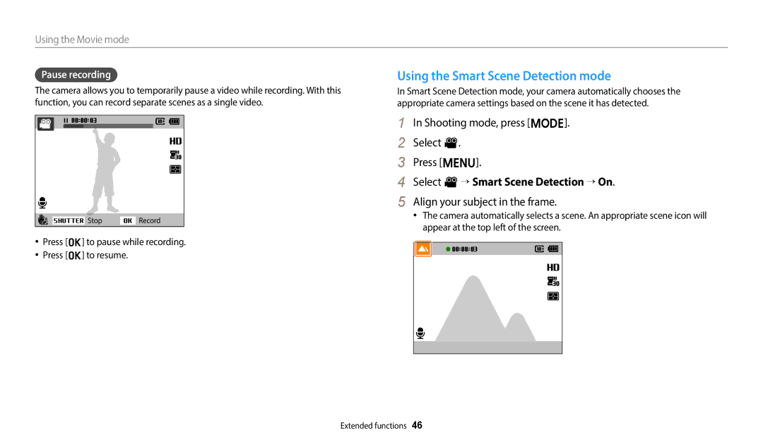 Samsung EC-ES95ZZBPBE2 manual Using the Smart Scene Detection mode, Shooting mode, press M Select Press m, Pause recording 