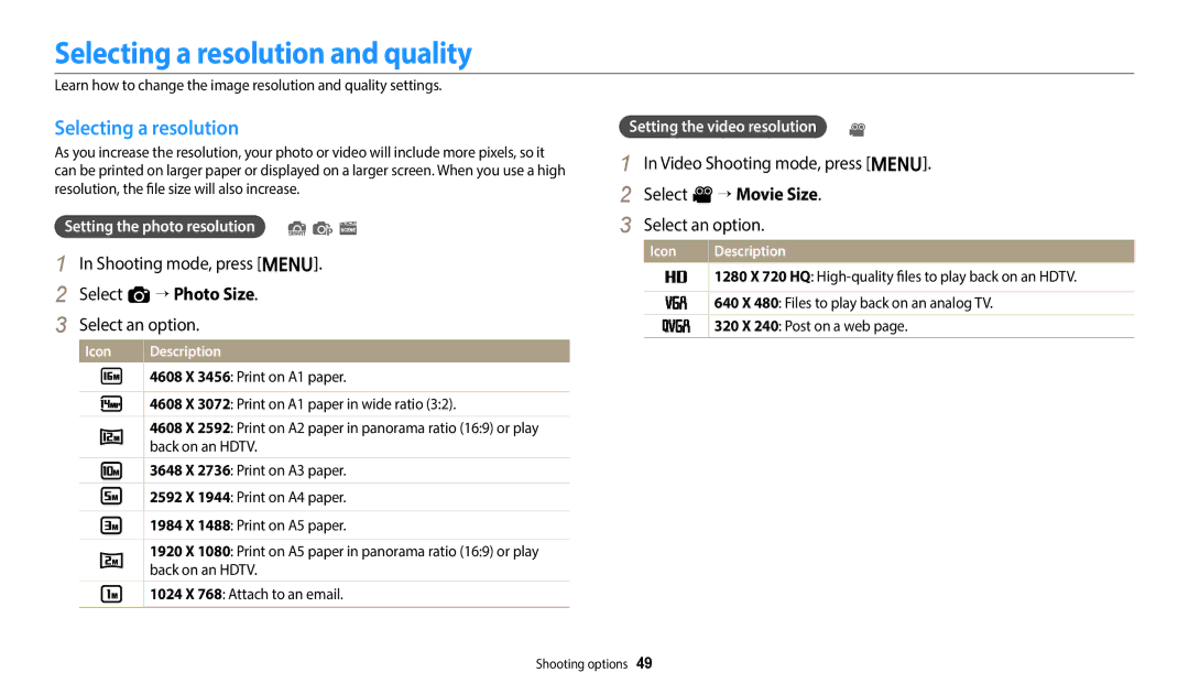 Samsung EC-ES95ZZBPRIL, EC-ES95ZZBPRE3 manual Selecting a resolution and quality, Setting the photo resolution S p s 