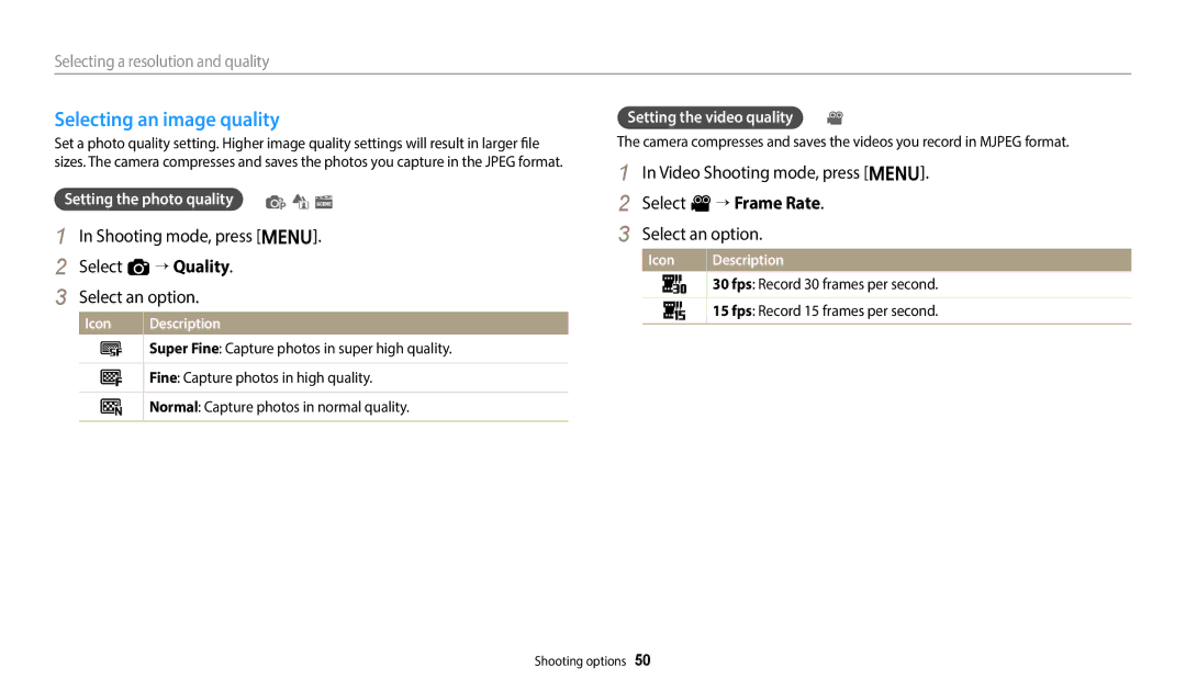 Samsung EC-ES95ZZBPPIL manual Selecting an image quality, Shooting mode, press m Select a “ Quality Select an option 