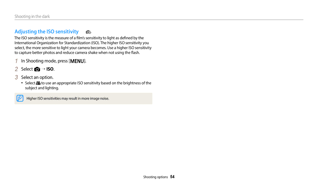 Samsung EC-ES95ZZBDBSA manual Adjusting the ISO sensitivity p, Shooting mode, press m Select a “ ISO Select an option 