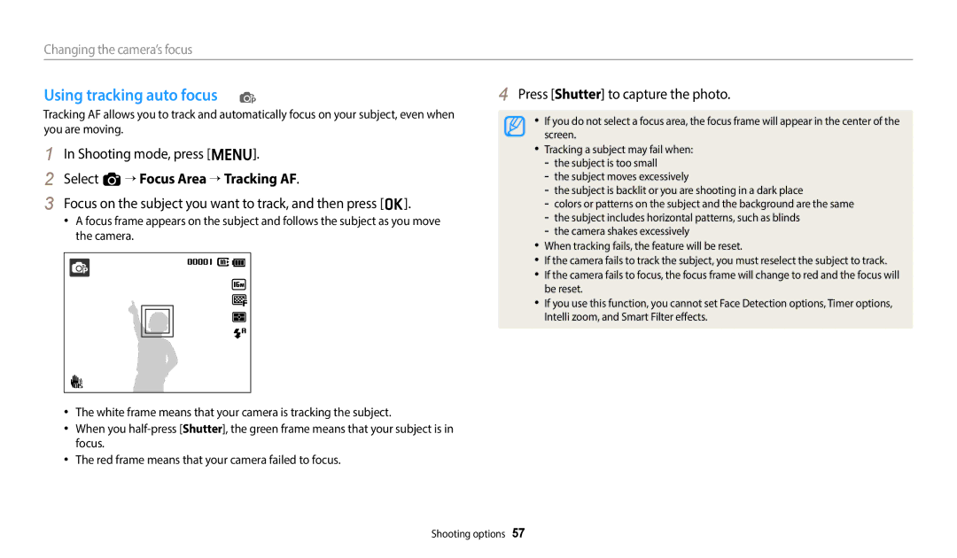 Samsung EC-ES95ZZBDPSA, EC-ES95ZZBPRE3, EC-ES95ZZBPWE3 Using tracking auto focus p, Select a “ Focus Area “ Tracking AF 