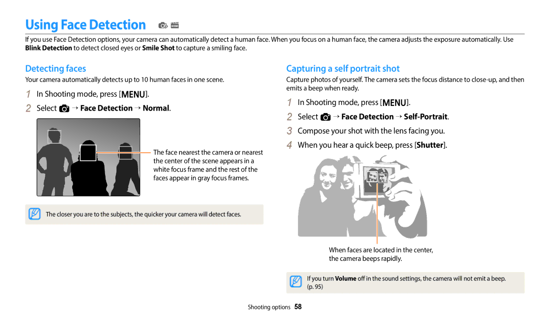 Samsung EC-ES99ZZBCBMK, EC-ES95ZZBPRE3 manual Using Face Detection p s, Detecting faces, Capturing a self portrait shot 