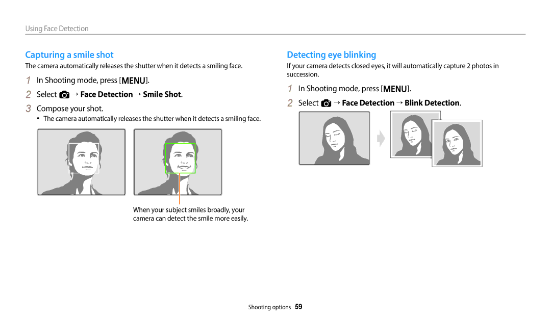 Samsung EC-ES95ZZBDBVN manual Capturing a smile shot, Detecting eye blinking, Select a “ Face Detection “ Smile Shot 