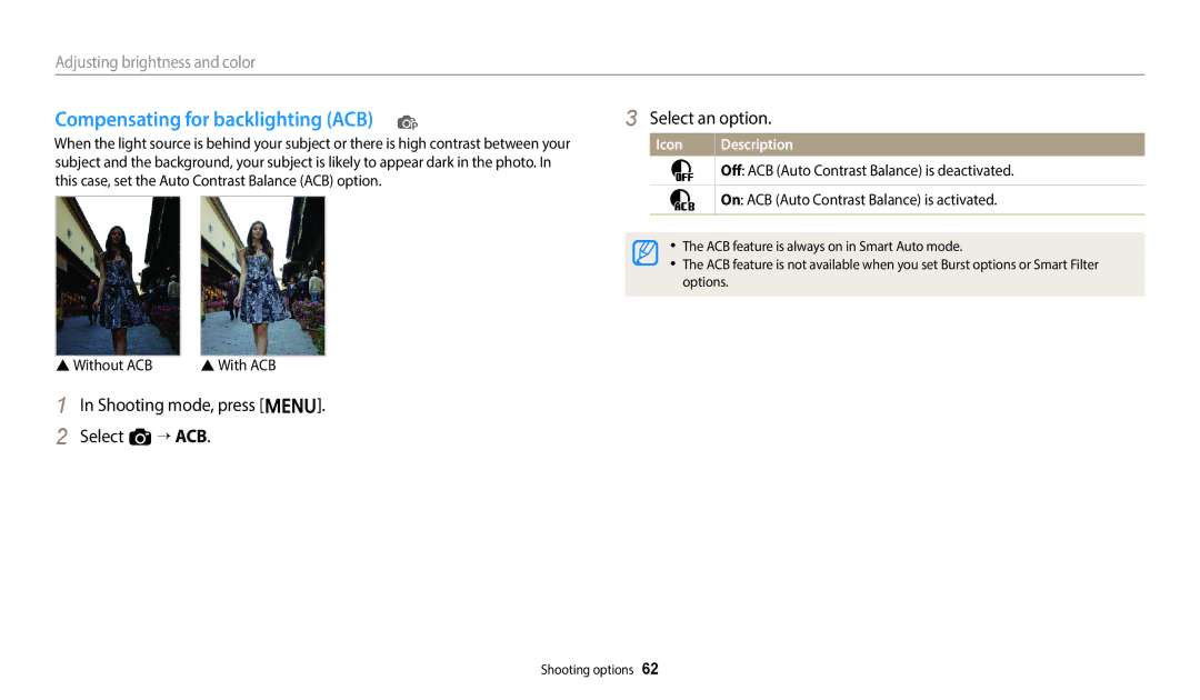 Samsung EC-ES95ZZBPBE3 manual Compensating for backlighting ACB p, Shooting mode, press m Select a “ ACB Select an option 