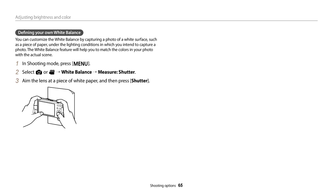 Samsung EC-ES95ZZBPPRU, EC-ES95ZZBPRE3 Select a or v “ White Balance “ Measure Shutter, Defining your own White Balance 