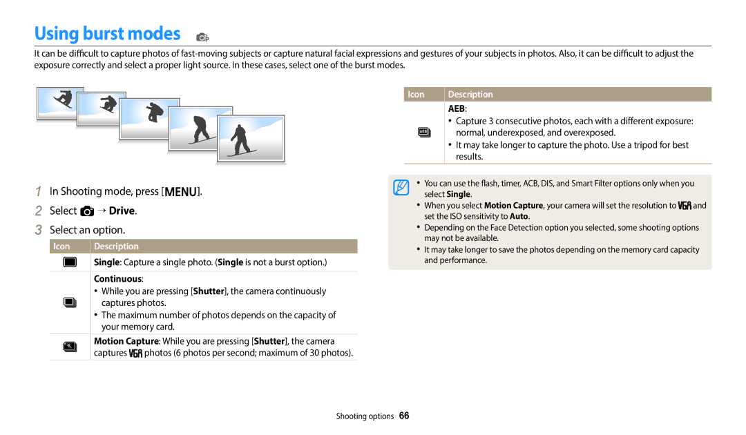 Samsung EC-ES95ZZBPRKZ manual Using burst modes p, Shooting mode, press m Select a “ Drive Select an option, Continuous 