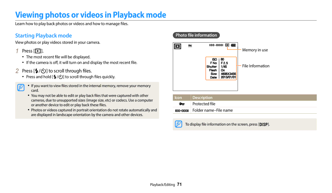 Samsung EC-ES95ZZBPBIL Viewing photos or videos in Playback mode, Starting Playback mode, Press P, Photo file information 