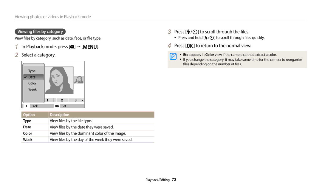 Samsung EC-ES95ZZBPWE2, EC-ES95ZZBPRE3 Playback mode, press “ m Select a category, Press F/t to scroll through the files 