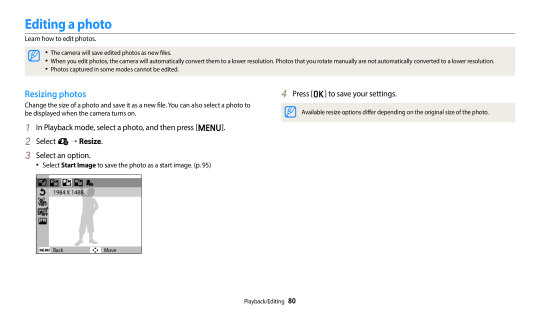 Samsung EC-ES95ZZBDBSA, EC-ES95ZZBPRE3, EC-ES95ZZBPWE3 manual Editing a photo, Resizing photos, Learn how to edit photos 