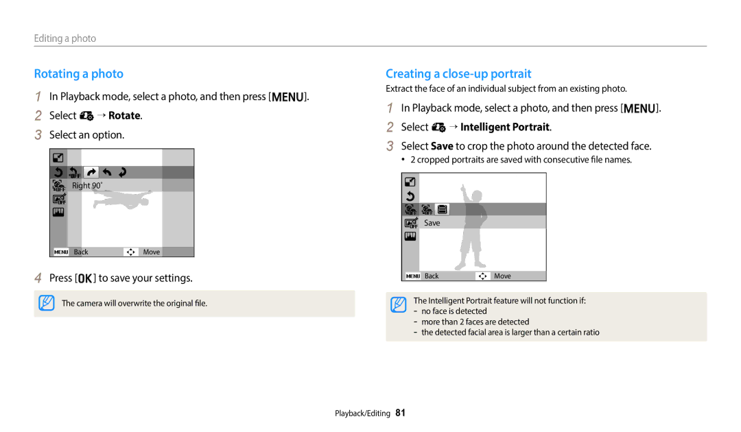 Samsung EC-ES95ZZBDWSA Rotating a photo, Creating a close-up portrait, Playback mode, select a photo, and then press m 