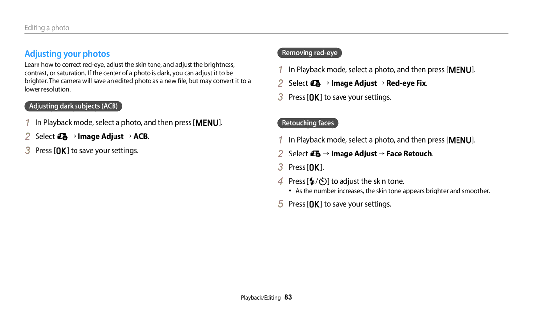 Samsung EC-ES95ZZBDPSA manual Adjusting your photos, Select e “ Image Adjust “ ACB, Select e “ Image Adjust “ Red-eye Fix 