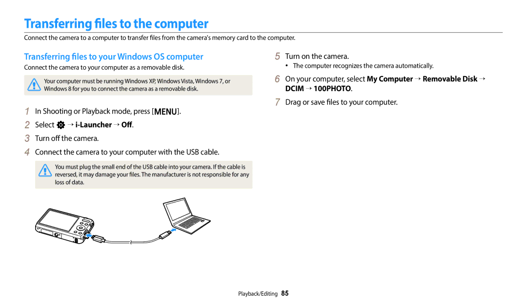 Samsung EC-ES95ZZBDBVN, EC-ES95ZZBPRE3 Transferring files to the computer, Transferring files to your Windows OS computer 