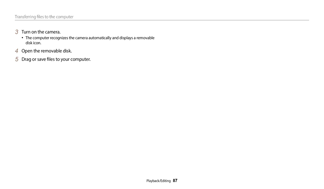 Samsung EC-ES95ZZBDWVN, EC-ES95ZZBPRE3, EC-ES95ZZBPWE3 manual Open the removable disk Drag or save files to your computer 