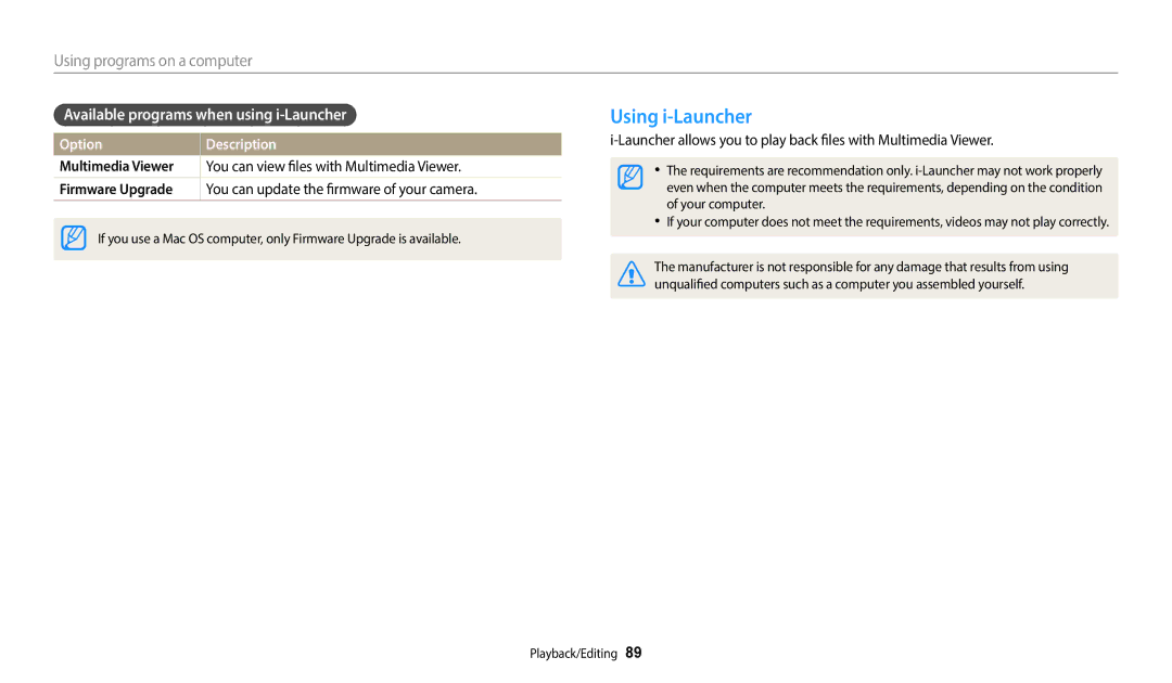 Samsung EC-ES95ZZBPPE3, EC-ES95ZZBPRE3, EC-ES95ZZBPWE3 manual Using i-Launcher, Available programs when using i-Launcher 