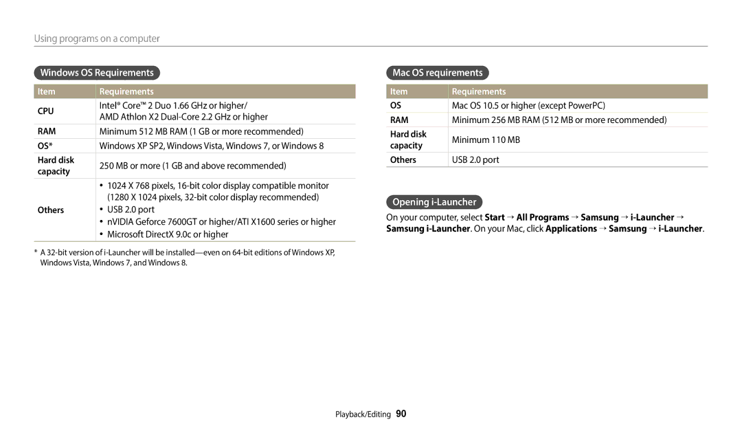 Samsung EC-ES95ZZBPBRU, EC-ES95ZZBPRE3, EC-ES95ZZBPWE3 Windows OS Requirements, Mac OS requirements, Opening i-Launcher 