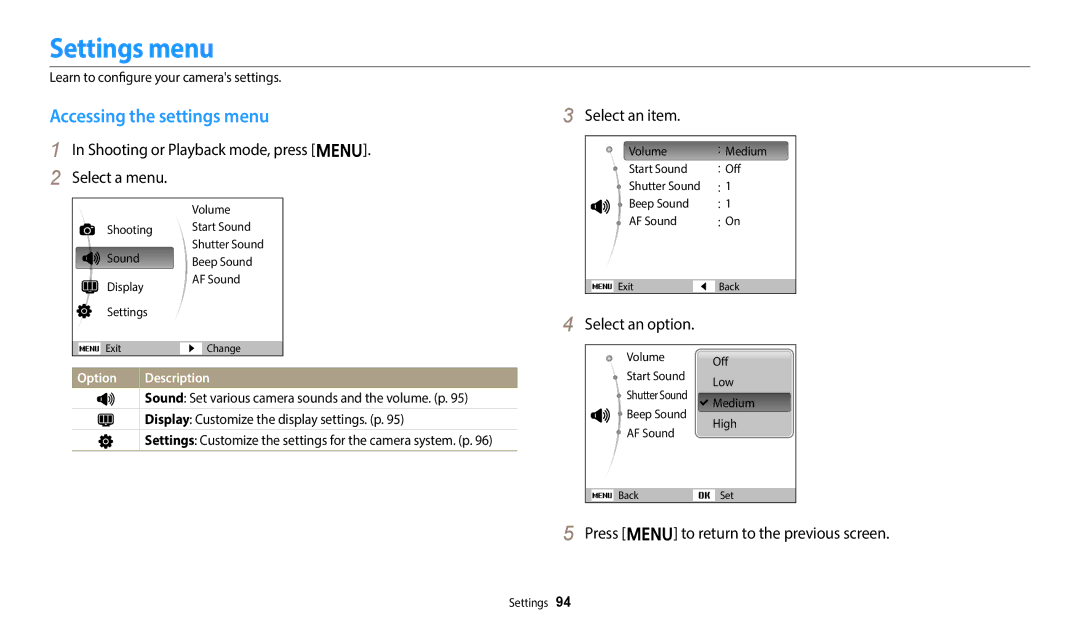 Samsung EC-ES95ZZBPWRU manual Settings menu, Accessing the settings menu, Shooting or Playback mode, press m Select a menu 