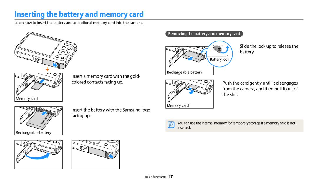 Samsung EC-ES95ZZBPWKZ manual Inserting the battery and memory card, Slide the lock up to release the battery, Battery lock 