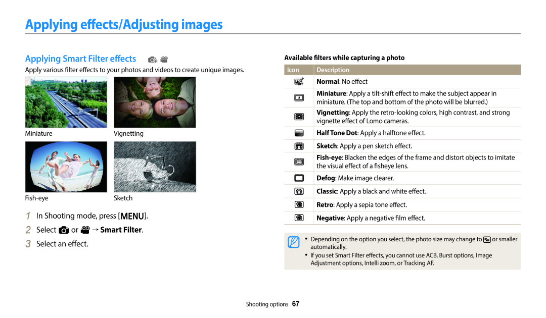 Samsung EC-ES95ZZBPRRU manual Applying effects/Adjusting images, Applying Smart Filter effects p, Select an effect, Icon 